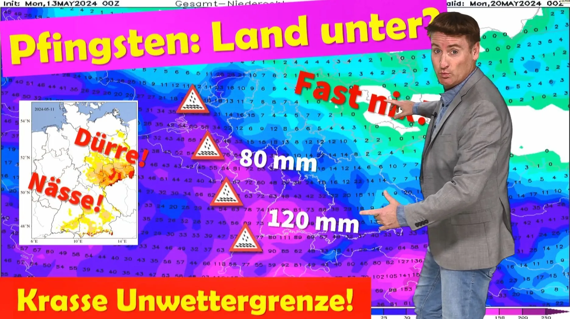 Zwaar weer in het zuidwesten, droogte in het noordoosten! Pinksteren dreigt in heel Duitsland met zware onweersbuien en stormen met zware regenval!