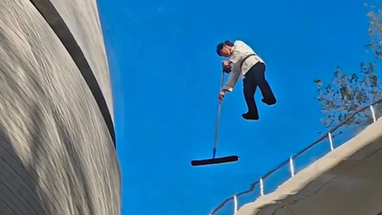 Zagadkowy moment, gdy pracownik wydaje się unosić w powietrzu podczas sprzątania