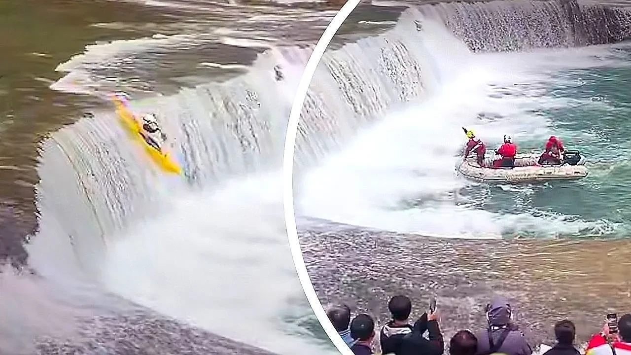 Terrifying moment kayaker disappears after falling down waterfall in China